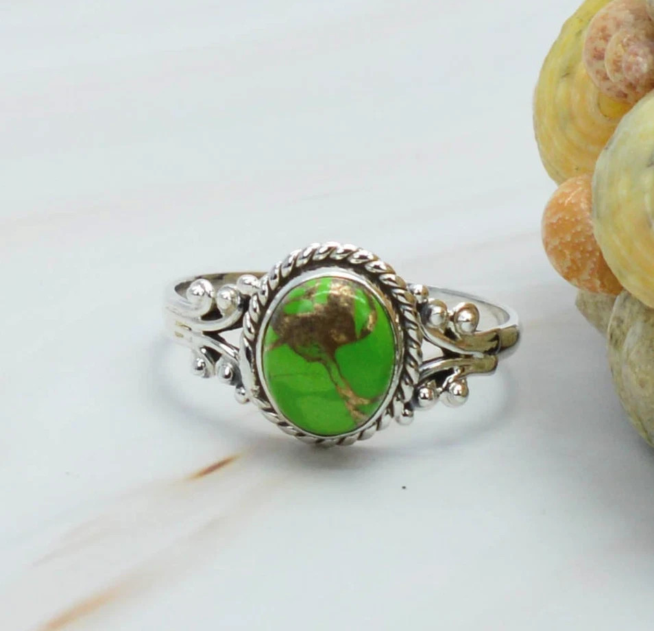 Green Copper Turquoise Gemstone Ring Solid 925 Sterling Silver Designer Ring MK*