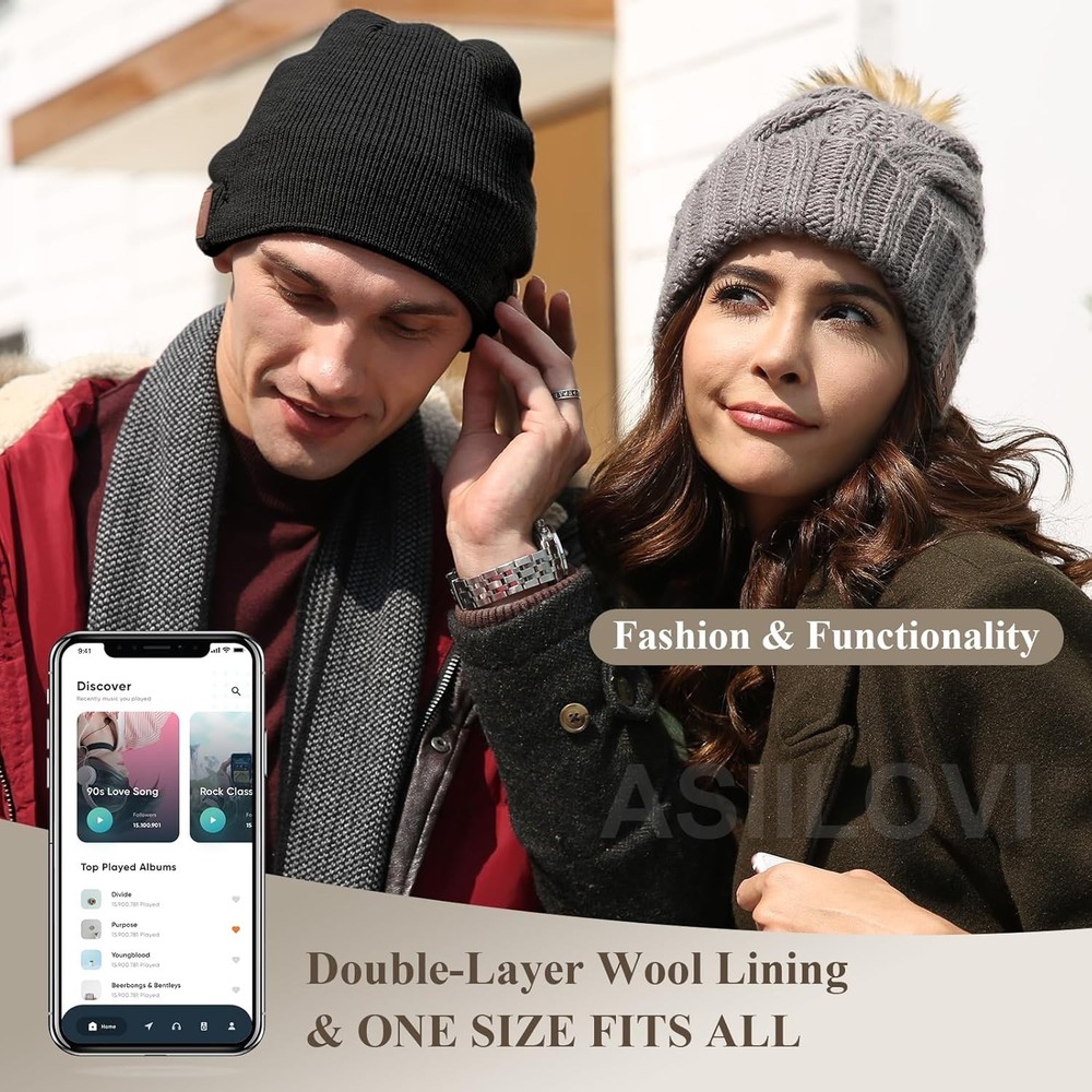 ASIILOVI Bluetooth Beanie, Double-Layer Wool Lining Bluetooth Hat Black