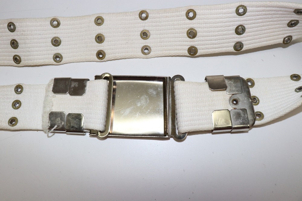 US white cotton web belt adjustable large silver colored buckle E6054