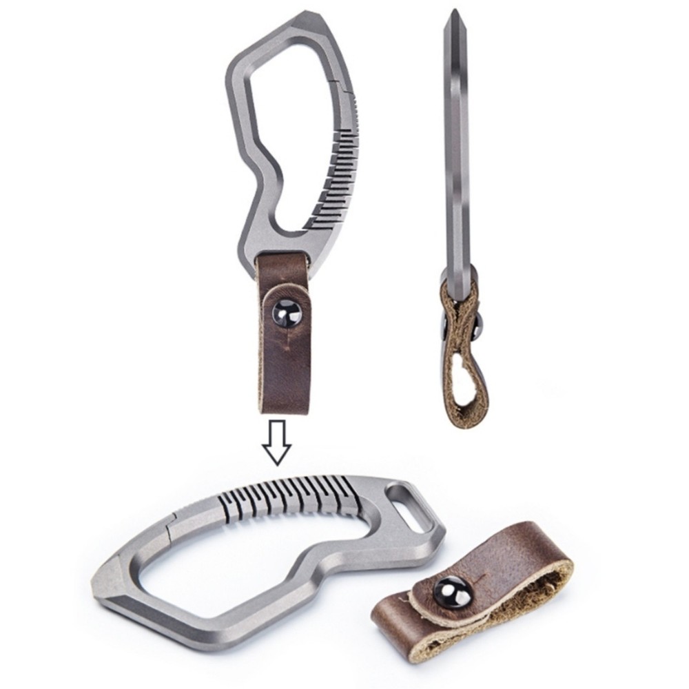 Titanium Alloy Keychain Clip with Leather Strap Removable Pendant EDC Multi Tool