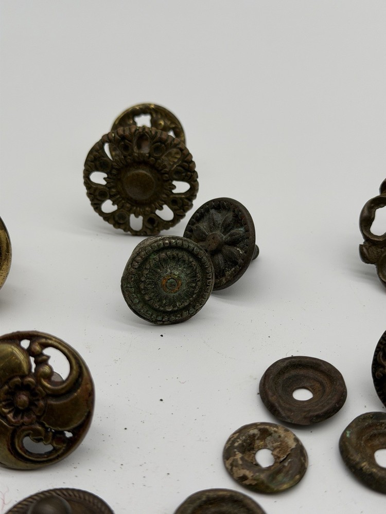 Large Lot Antique Vintage Drawer Knobs Pulls Brass Eastlake Backplates Ring Pull