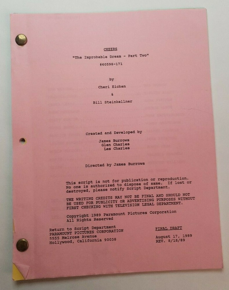 CHEERS / Cheri Eichen 1989 TV Script, Ted Danson "The Improbable Dream: Part 2"