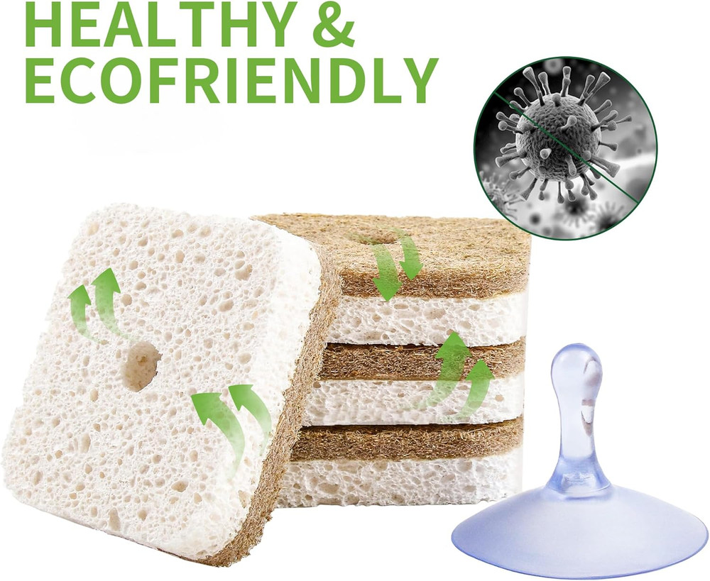 12Pack Natural Kitchen Scrub Dish Sponge with Suction Hanger Biodegradable Comp