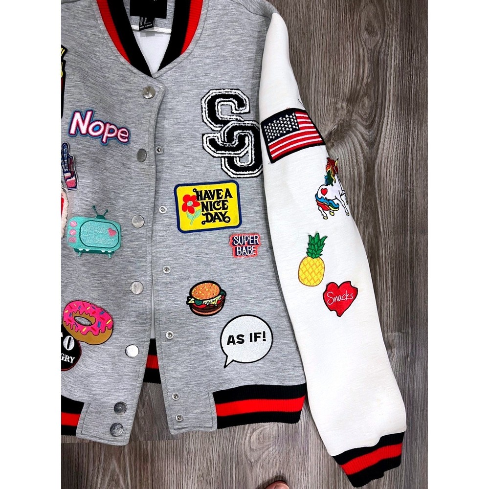 Crafted Forever 21 Womens Patch Varsity Bomber Jacket Grey White Snap Front M