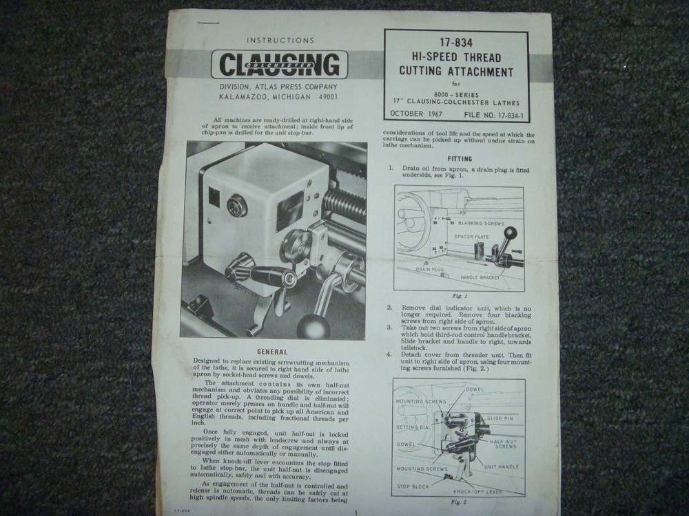 Clausing 17-834 Hi-Speed Thread Cutting Attachment 8000 Lathe Operator Manual
