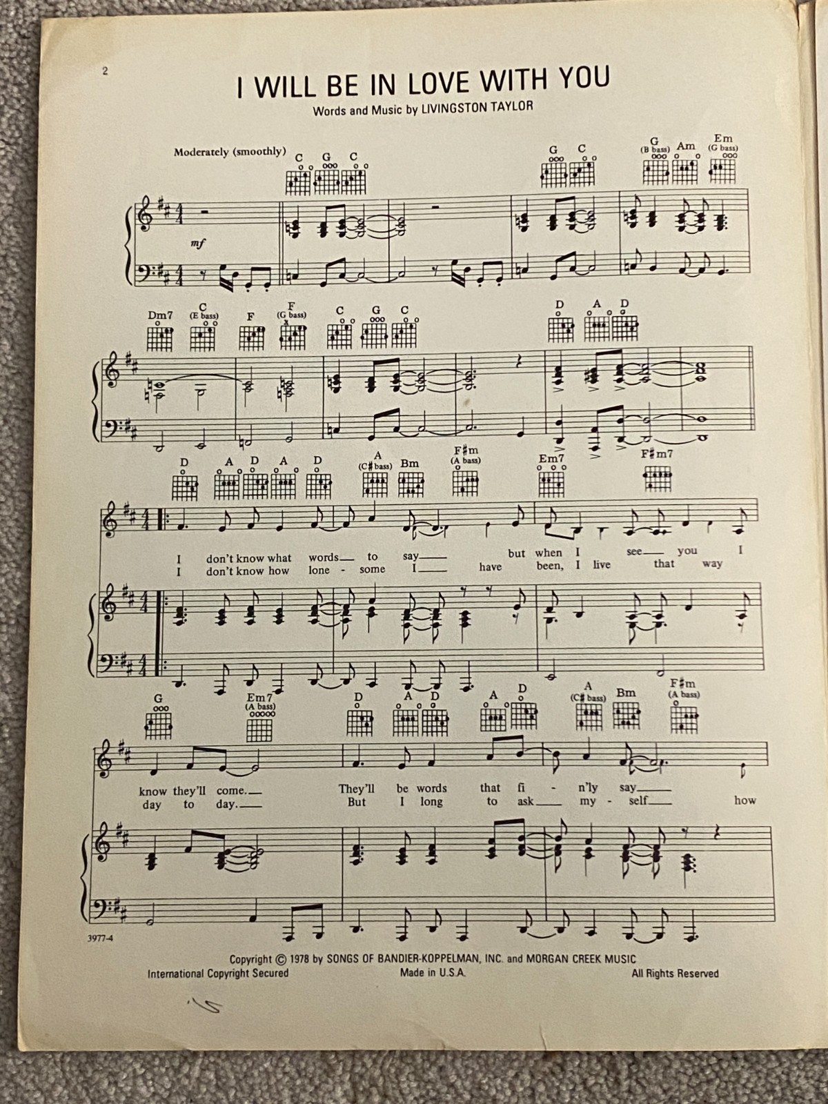 1978 I WILL BE IN LOVE WITH YOU Sheet Music by LIVINGSTON TAYLOR P/V/G
