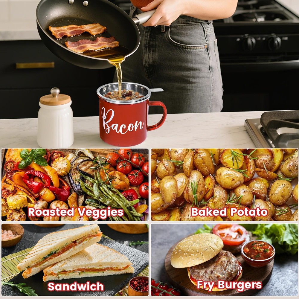 Bacon Grease Container with Strainer - 46oz Enamel 46oz, Red