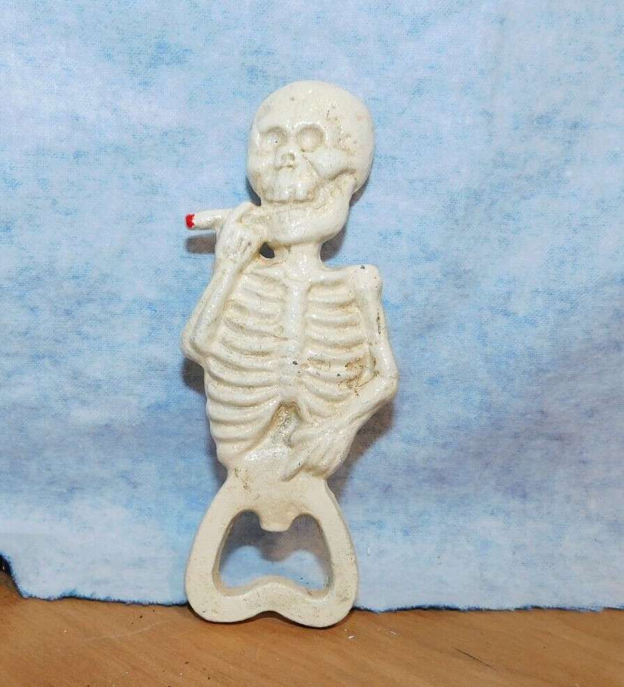 SMOKING SKELETON with CIGARETTE JOINT CIGAR Cast Iron BOTTLE OPENER