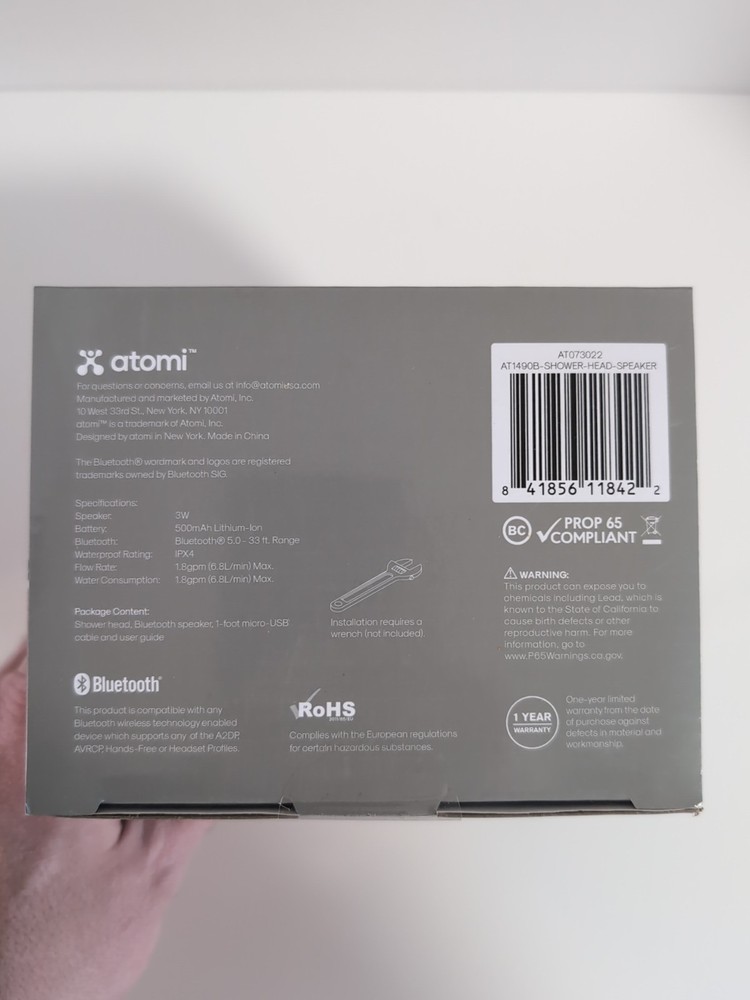 ATOMI Shower Head with Bluetooth Rechargeable Speaker - Black