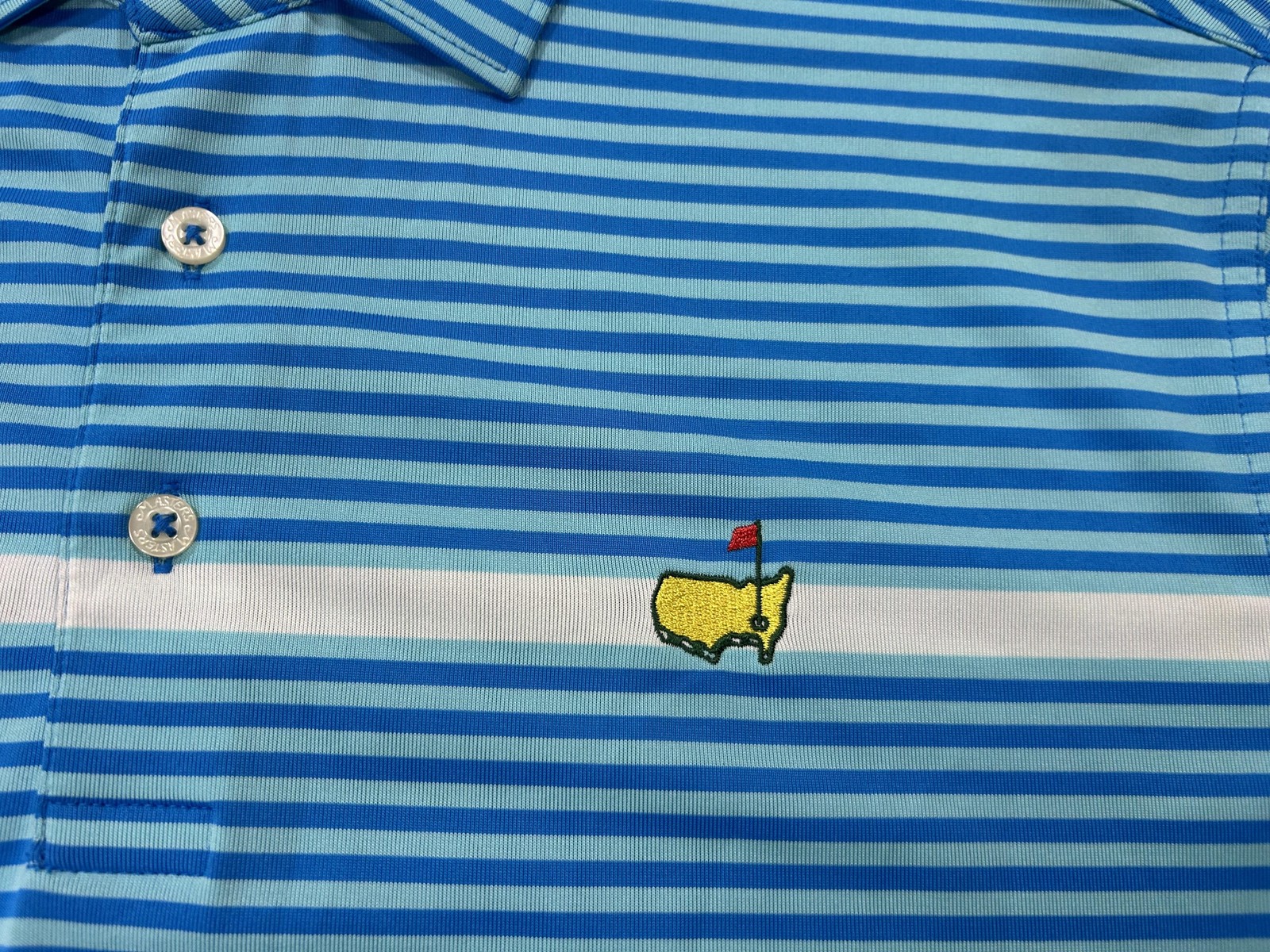 Masters Tech Shirt Polo Mens Medium Blue Stripe Golf Augusta National Logo