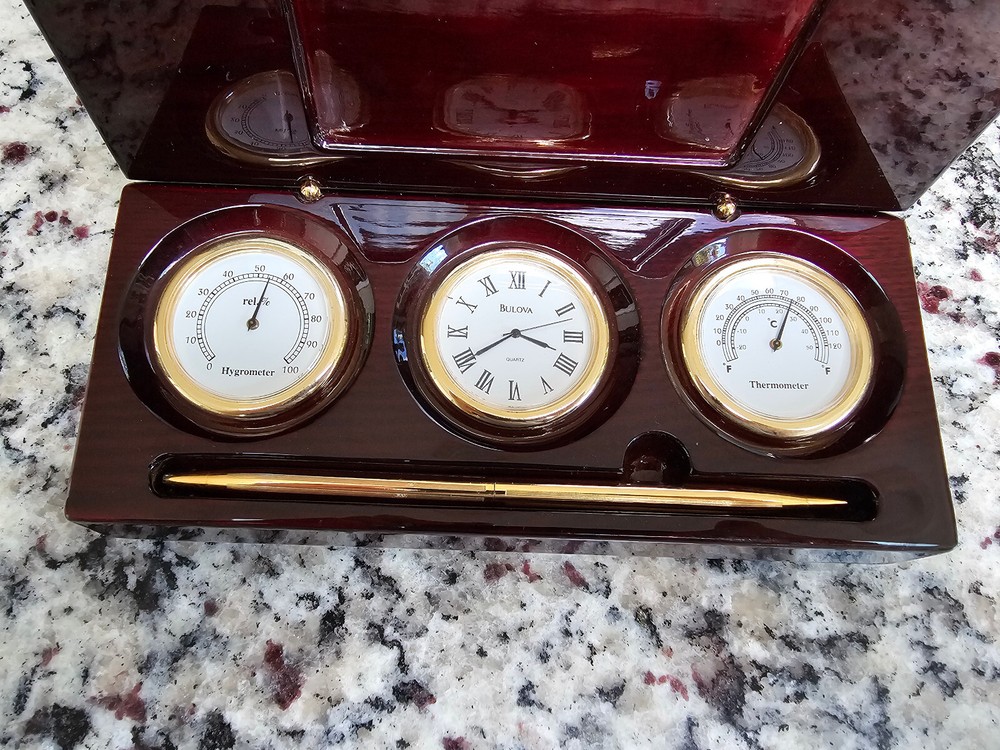 BULOVA B7290 Pen Case Clock Thermometer Hygrometer
