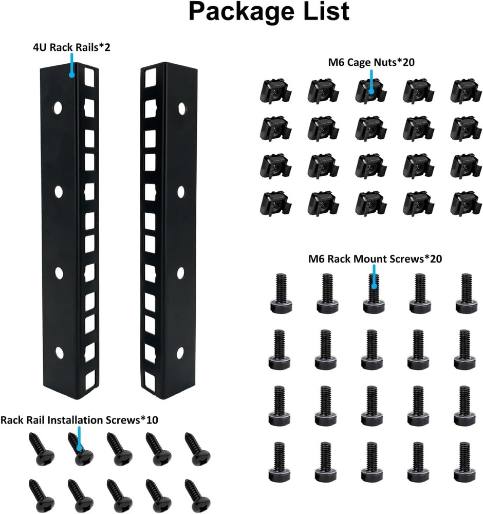Server Rack Rails 4U w/ M6 Cage Nuts & Screws