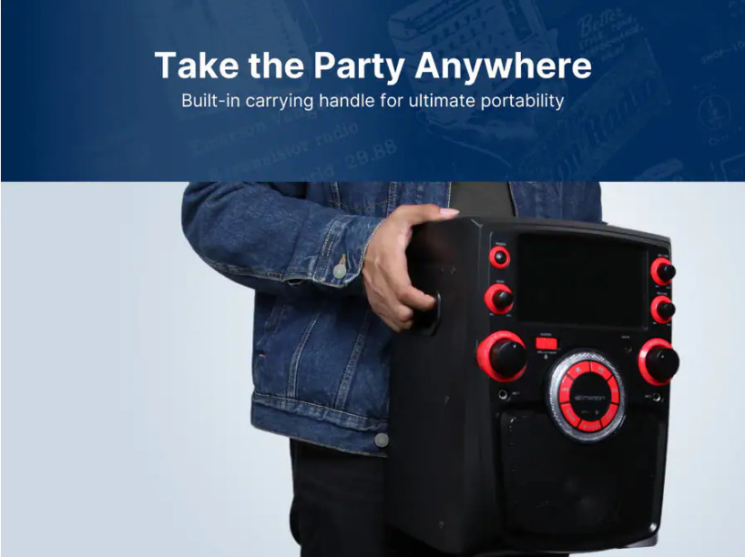 Emerson Portable Bluetooth Karaoke System w 7" LCD Display and Carrying Handle