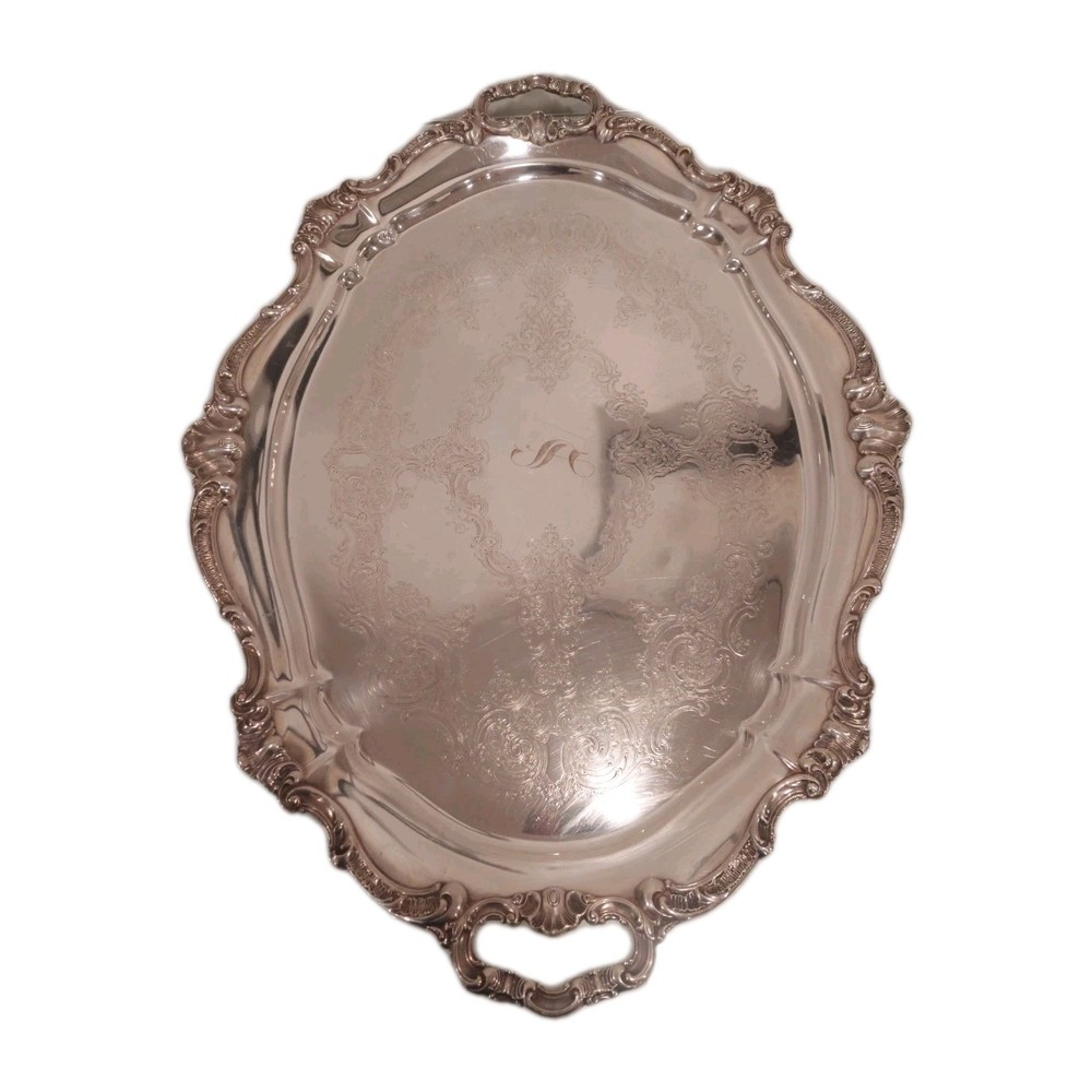 26.5" Silver Plate Oval Footed Tray Chantilly Gorham YC777 Handles Monogram "S"