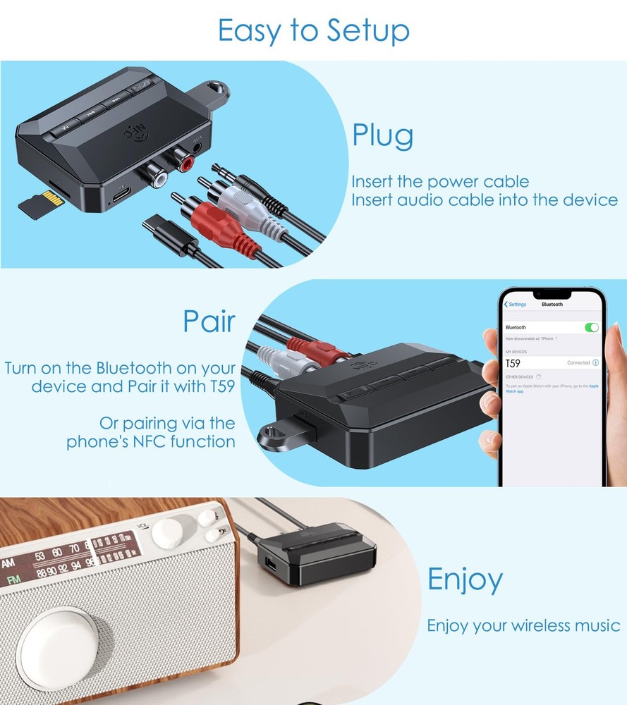 Bluetooth Receiver for Home Stereo, Bluetooth to RCA Adapter with NFC-Enabled...