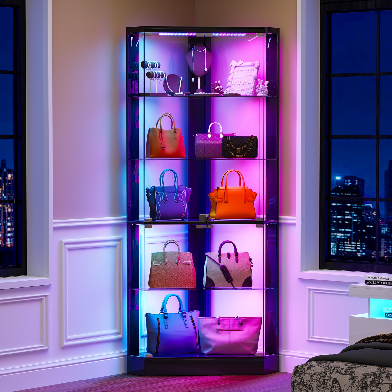 Black Curio Cabinets with RGB Lights, 69" Tall Display Cases for Collectibles