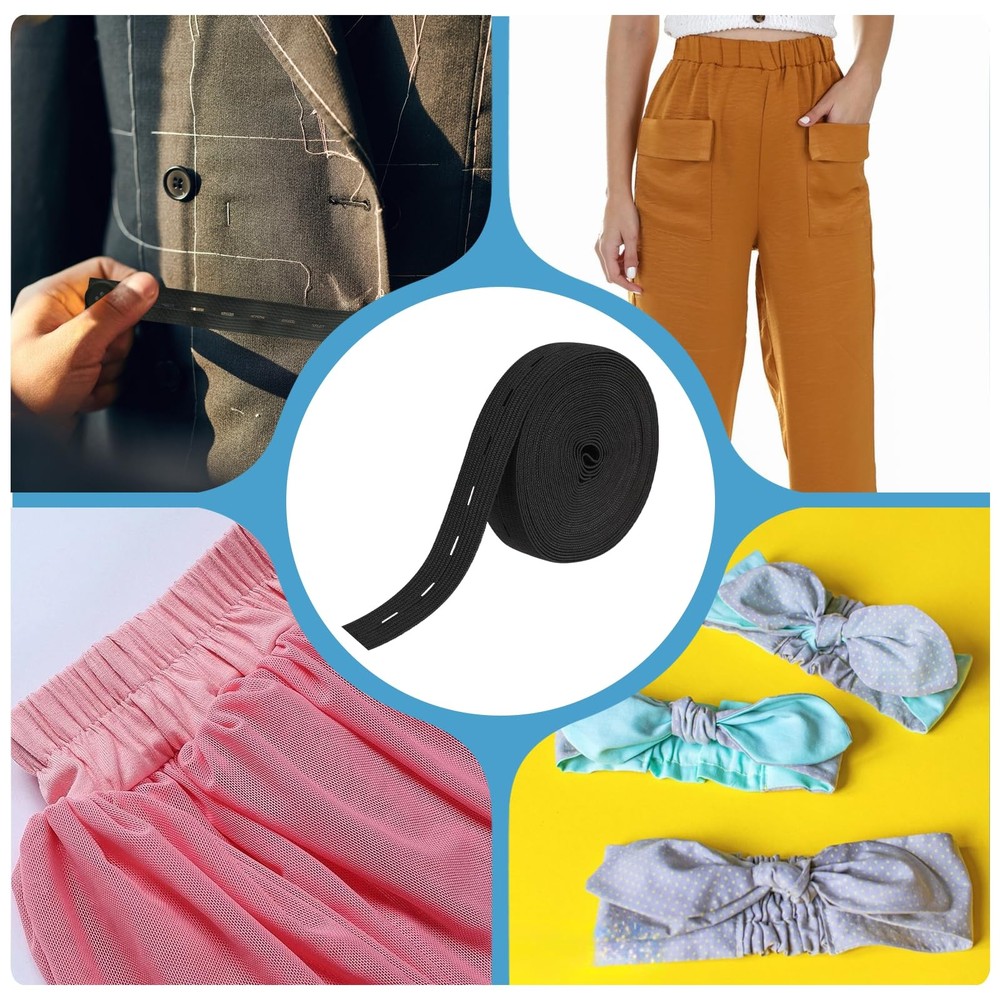 Flat Sewing Band with Buttonholes,3/4 Inch Elastic String Strap Black