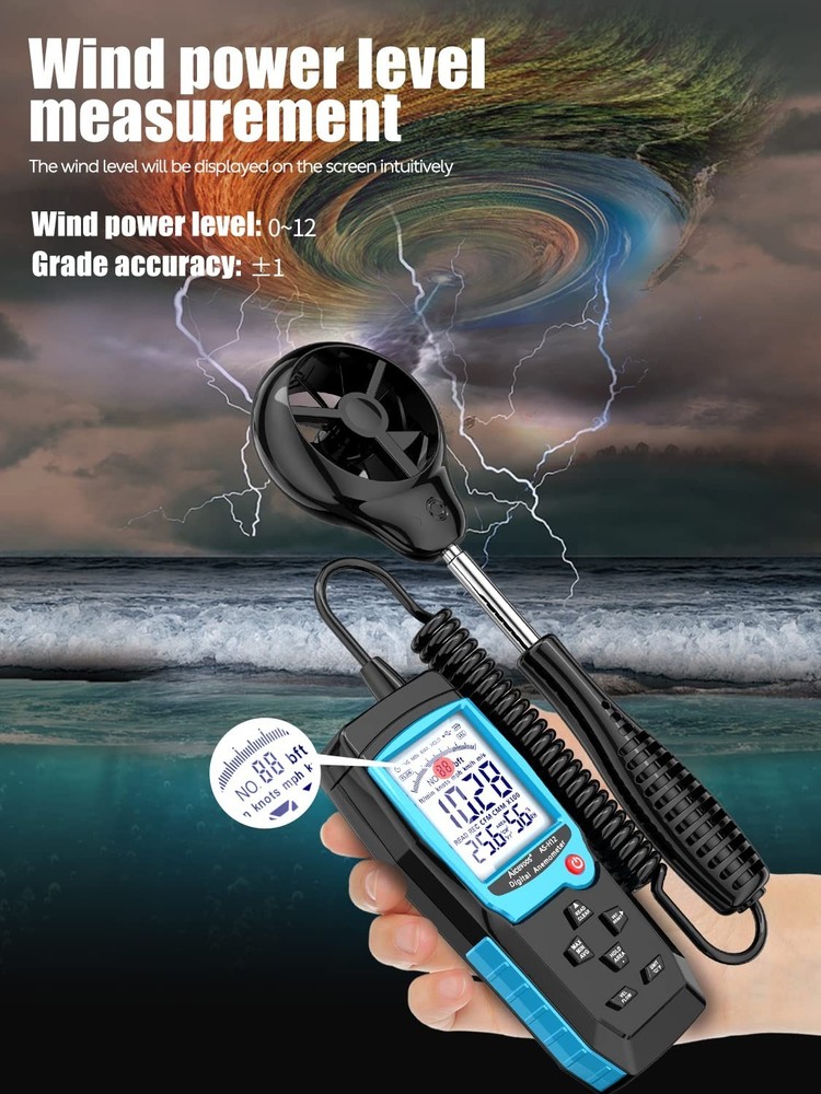 Professional H12 Digital Wind Speed Meter with Extended Sensor & Humidity Reader