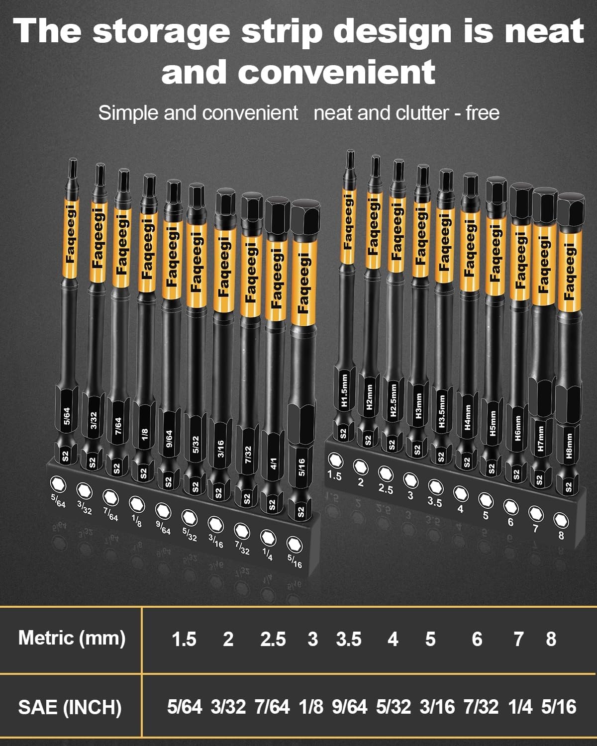 4-Inch Long Hex Bit Set 20PCS (Metric & SAE) Impact Allen Wrench/Key Drill Bit
