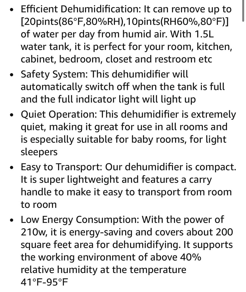 Compact 20 Pint Portable Dehumidifier with Humidity Sensor, Timer, 2 Speed