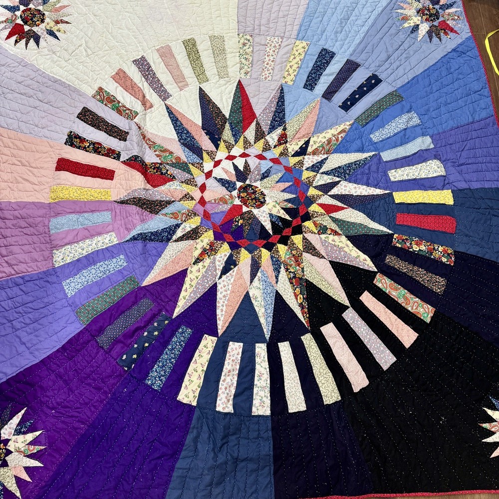 Cotton Mariners Compass Patchwork Quilt Vtg -Inspired 81”x81” See Description