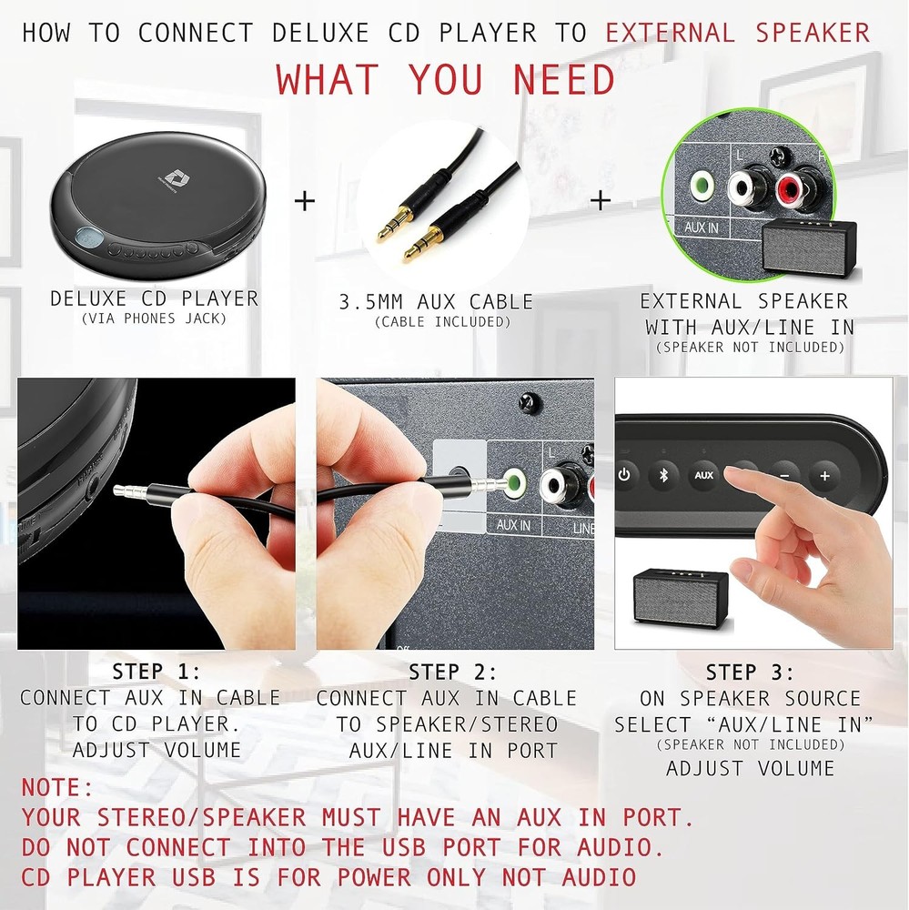 CD Player Portable with 60 Second Anti Skip, Stereo Earbuds, Includes Aux