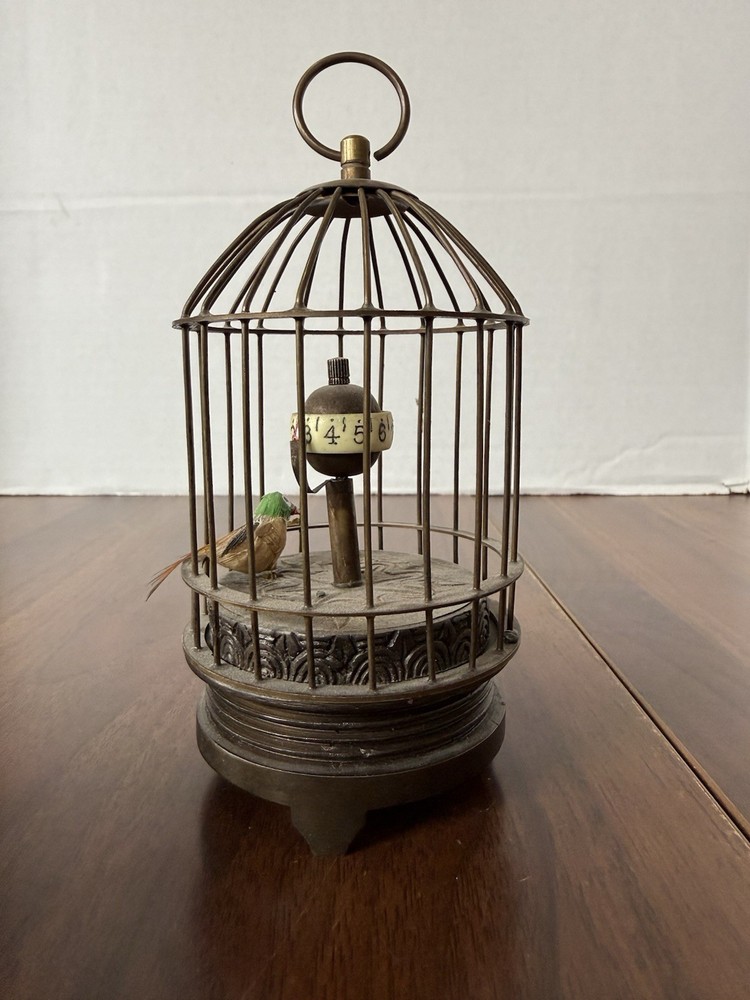Mechanical Bird Cage Novelty Clock Bronze Finish Analog Display Rotating Dial