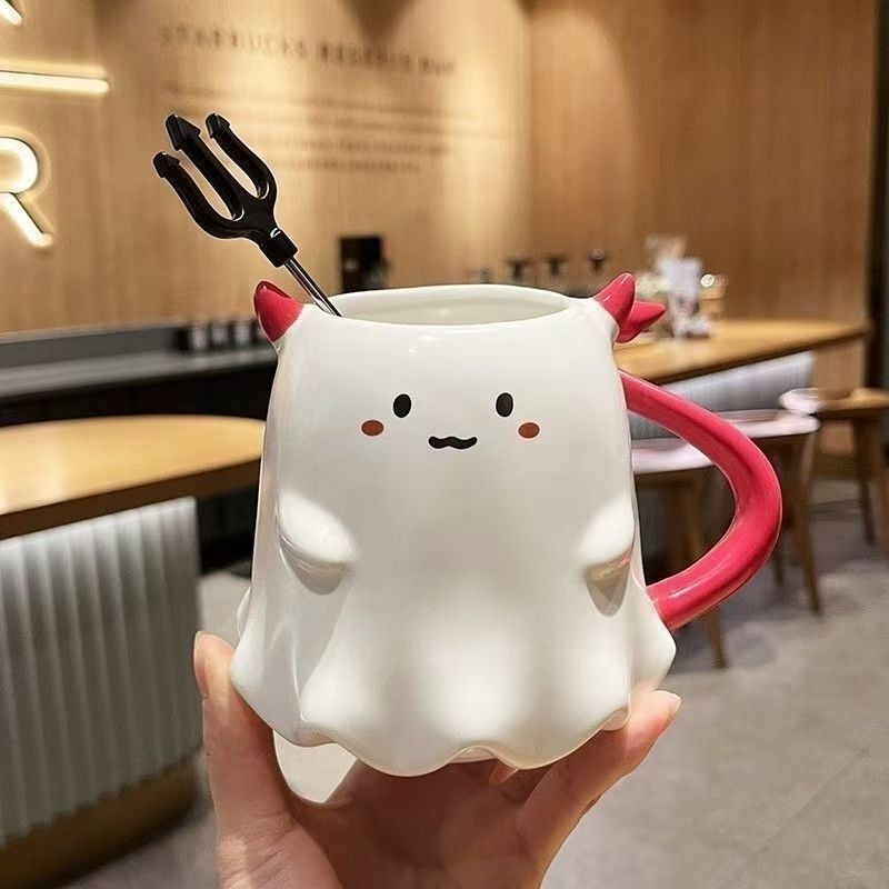 Halloween Ghost-Shaped Ceramic Mug with Devil Horns & Trident Stirrer Starbucks