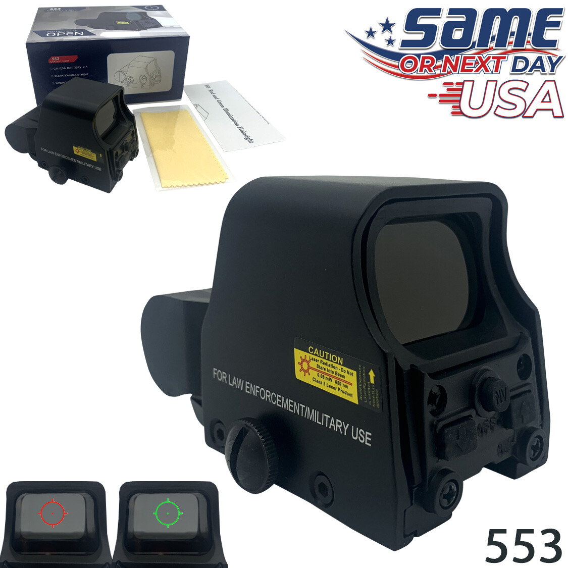 Red Green Dot Holographic Reflex Sight, Tactical Optics Model 553 w/Battery! USA