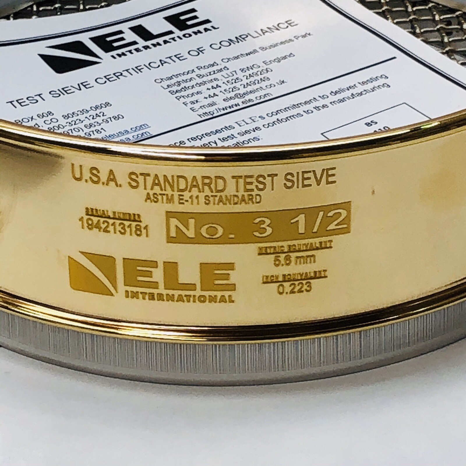 ELE INTERNATIONAL USA STANDARD TEST SIEVE 8''-FH-BR-SS-US-#3-1/2 SIEVE (4856)