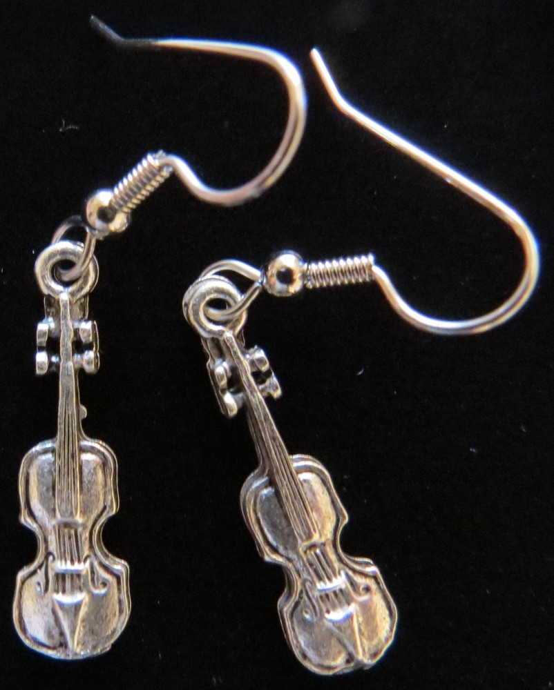 Violin Earrings Oxidized Matte Silver Fiddle Orchestra Band Instrument