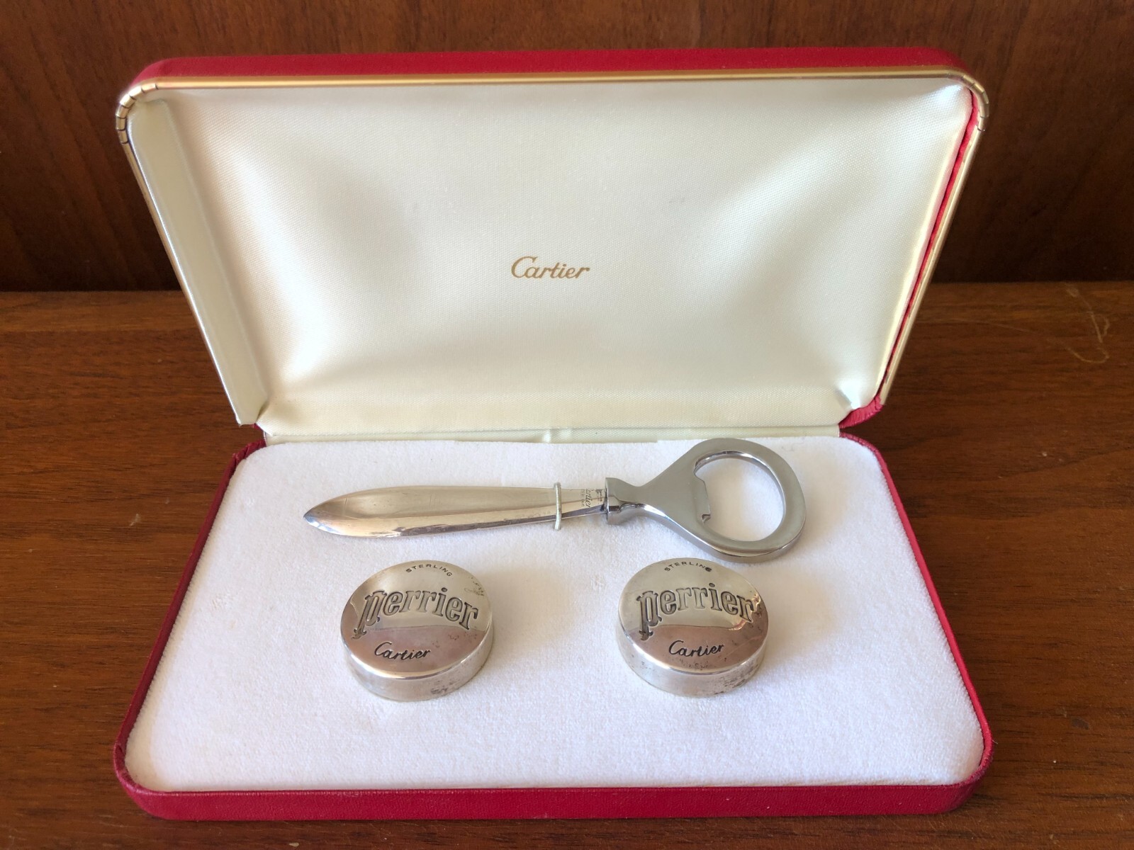 CARTIER Sterling Perrier Bottle Opener w/ 2 Caps in original box