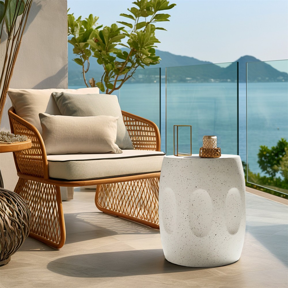 Off-white Round End Table Coffee Sofa Side Table Drum Shape Solid Concrete