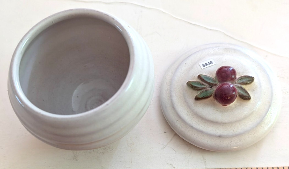 Pottery Covered Container about 3" tall, signed on the bottom