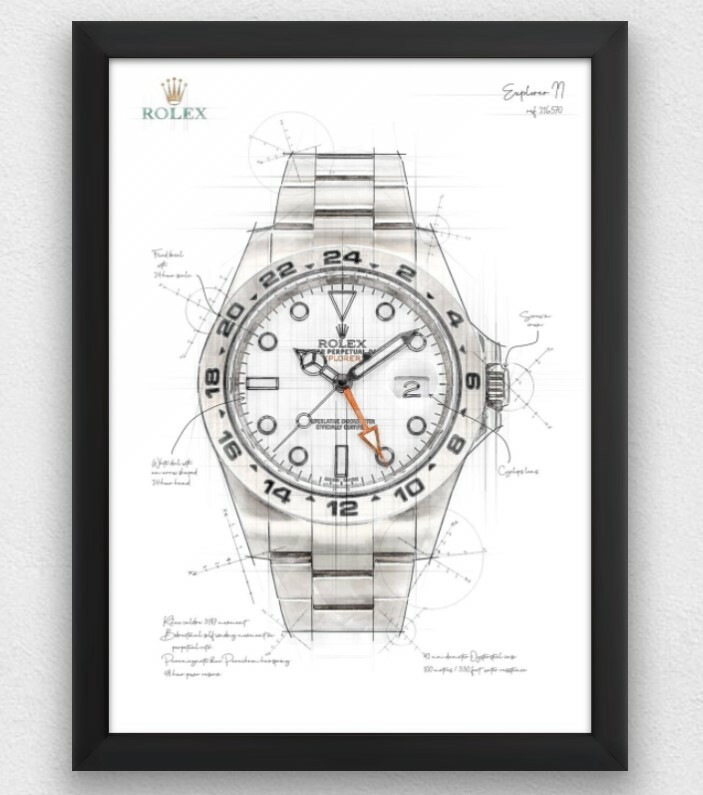 Rolex Explorer II watch technical drawing illustration artwork - Print