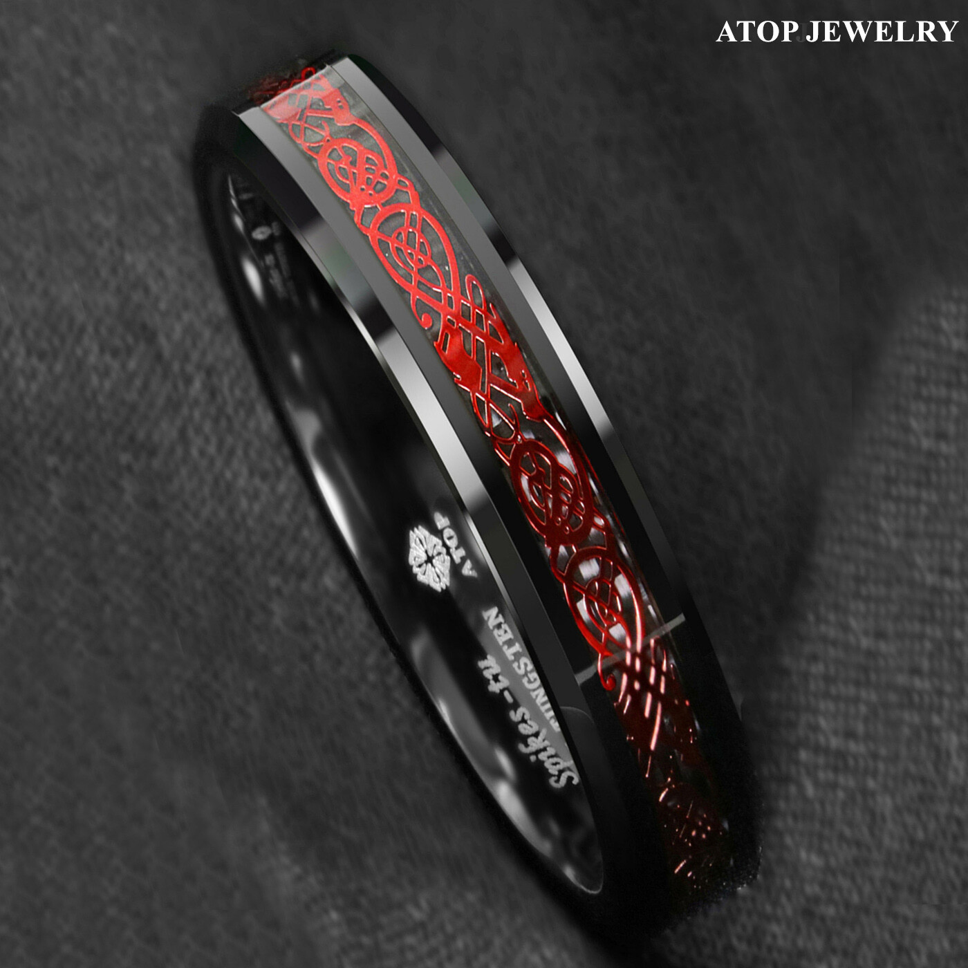 8/6mm Black Tungsten Ring Red Celtic Dragon Black carbon fiber Ring ATOP Jewelry