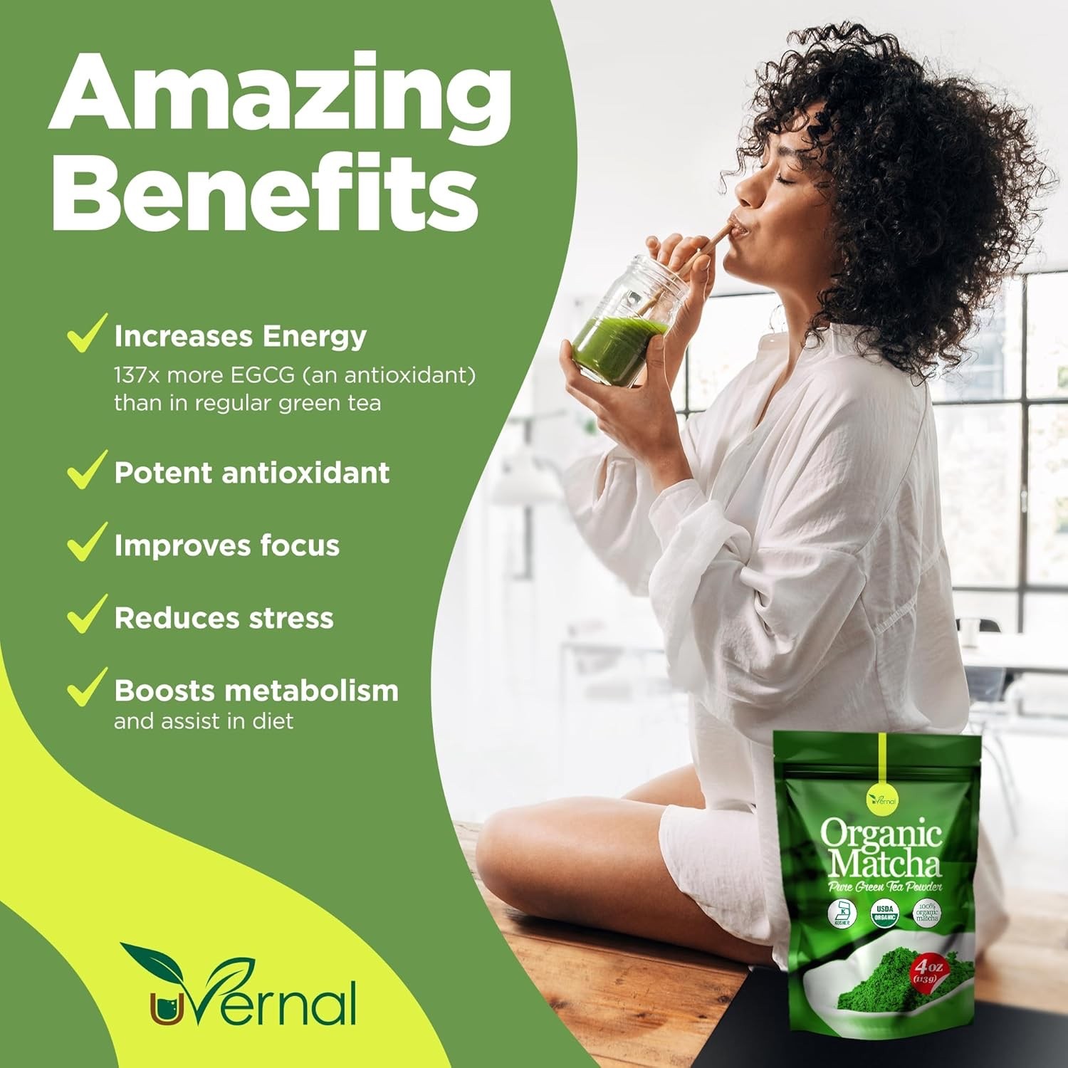 uVernal Organic Matcha Green Tea Powder - 100% Pure Matcha for Latte & Baking