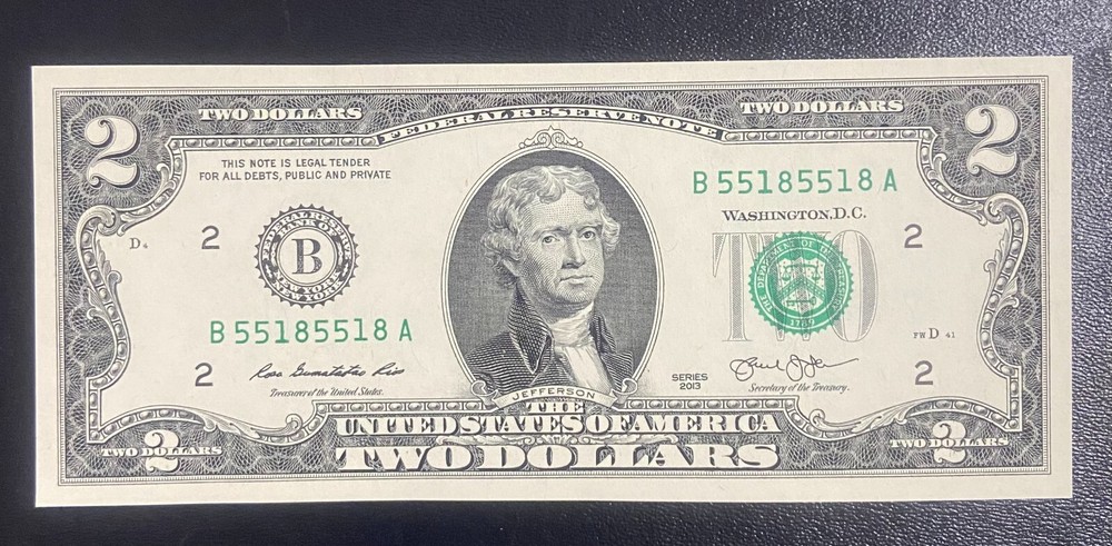 2013 $2 Two Dollar Bill  Serial B 5518.5518  . UNC