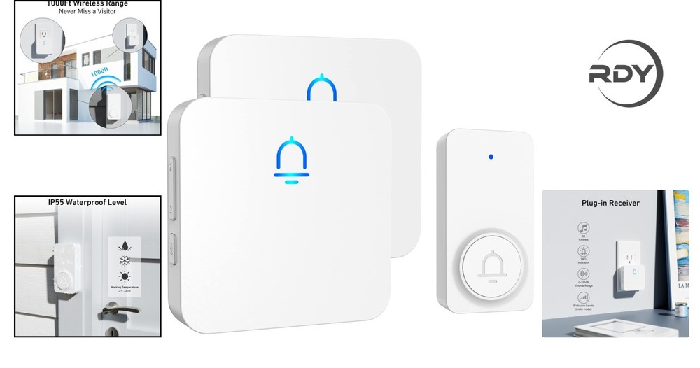 Wireless Doorbell - 2 Receivers, 1000ft Range, Adjustable Volume, White