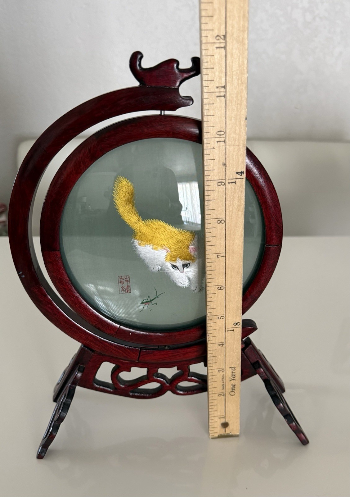 VTG Asian Cat & Mantis Double Sided Silk Embroidery Screen Rotating Wood Frame
