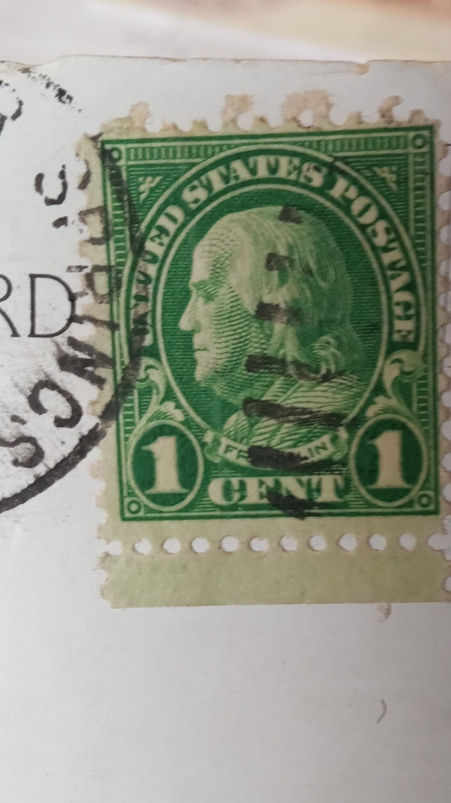 1937 US 1 Cent Green Franklin Stamp on Postcard with Shirley Temple Image