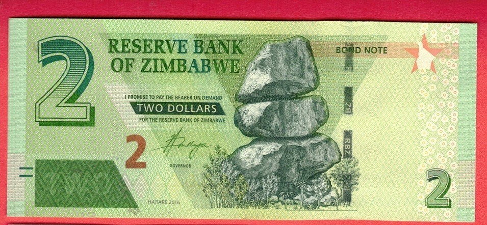 Zimbabwe 2 Dollars 2016 UNC Bond Note