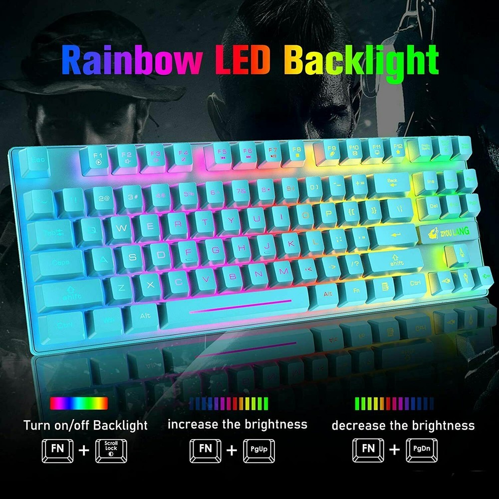 US Rechargeable Wireless Gaming Keyboard Mouse Combo 87 Key Rainbow LED Backlit