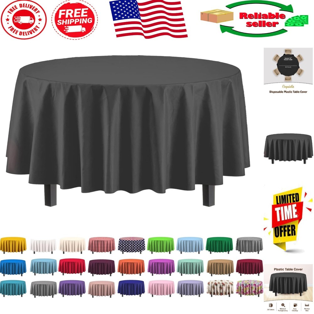 6-Pack Premium Black Plastic Tablecloths, 84in Round - Elegant Dining Solution