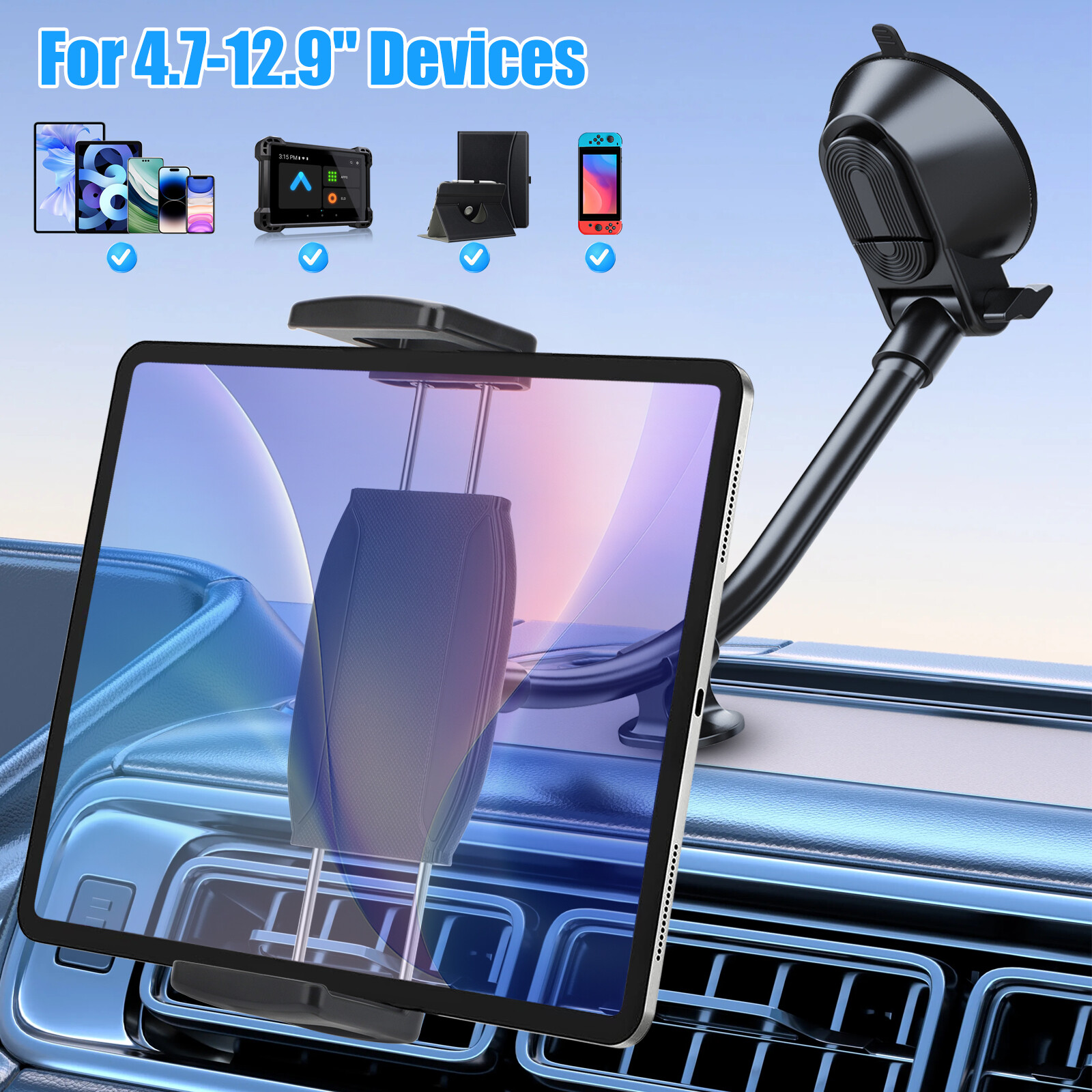 Car Tablet Holder for 4.7-12.9" iPad Phone Dashboard Windshield Gooseneck Mount