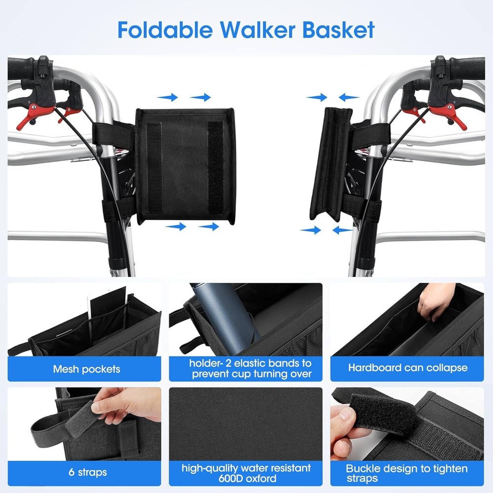 Black Foldable Walker Basket with Extra Mesh Pockets – Perfect Gift for Seniors