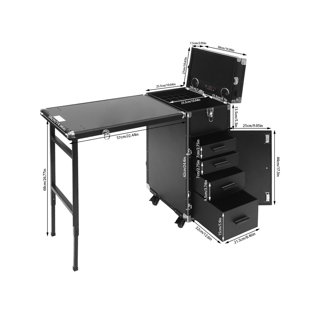 Nail Desk Mobile Station Makeup Train Case with Wheels and Speakers
