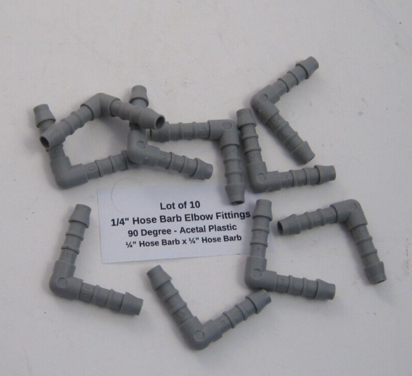 Lot of 10 1/4" Hose Barb Elbow Fittings - 90 Degree - Acetal Plastic - 1/4" Barb