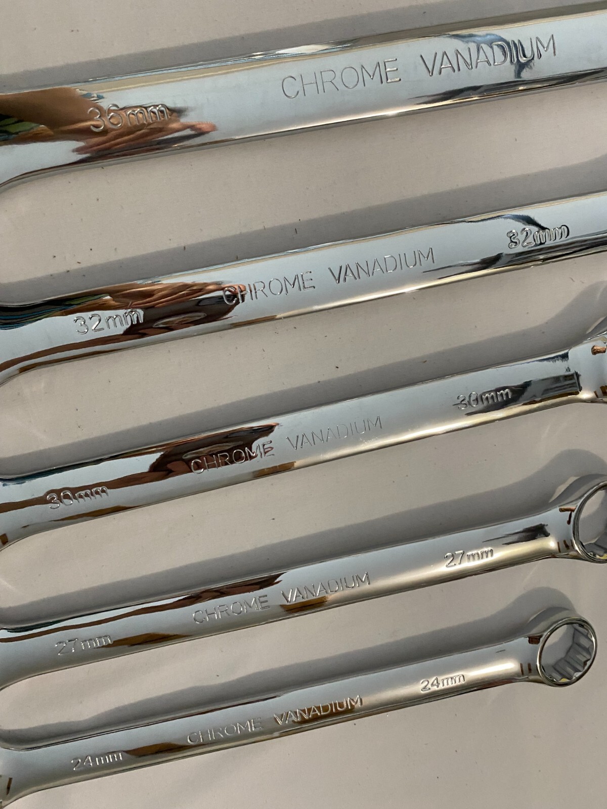 Set of 5 New Combination Wrenches 36, 32, 30, 27 and 24mm. Chrome Vanadium