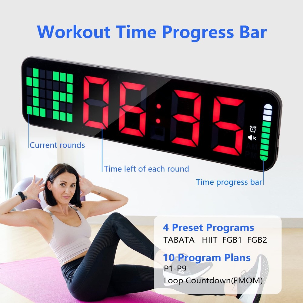Gym Timer - Large Digital Gym Clock Wall with Interval Time Progress Bar, Cou...